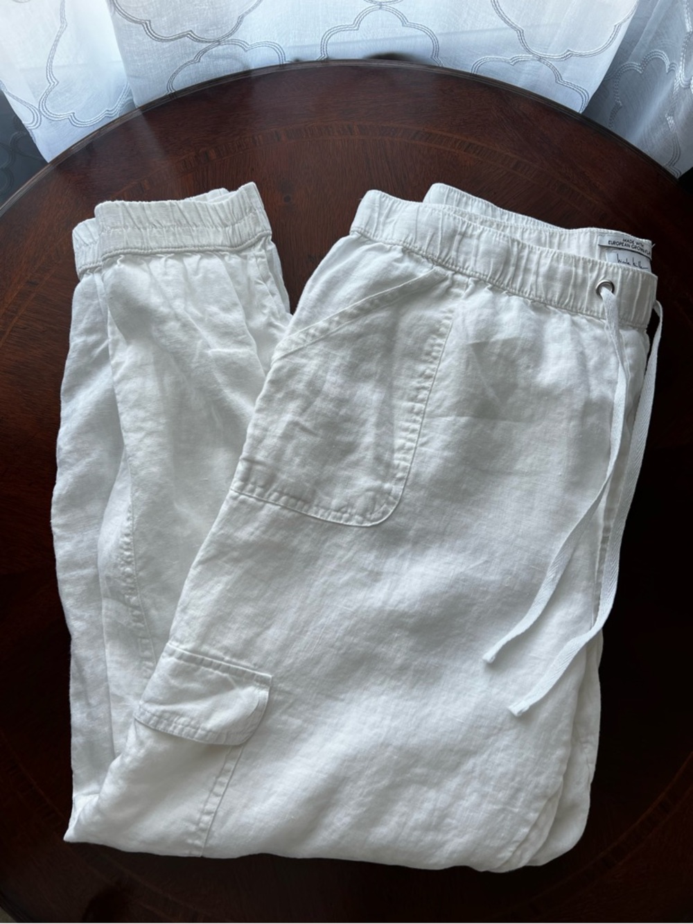 Women’s 100% Linen White Cargo Pants, XL